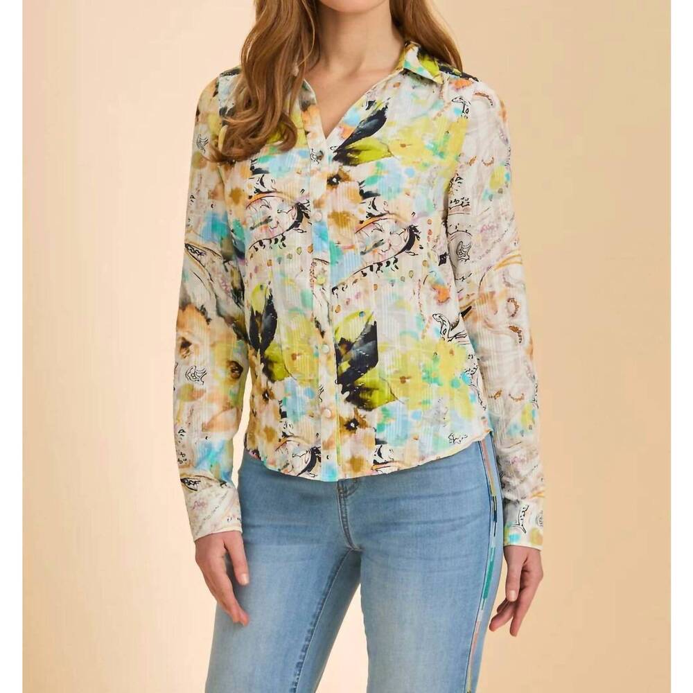 NEW FDJ split neck print long sleeve cotton print blouse in pacific paisley